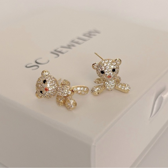 Teddy Bear Earrings 14k Gold Plated Sterling Silver Luxury Earrings - Picture 5 of 11
